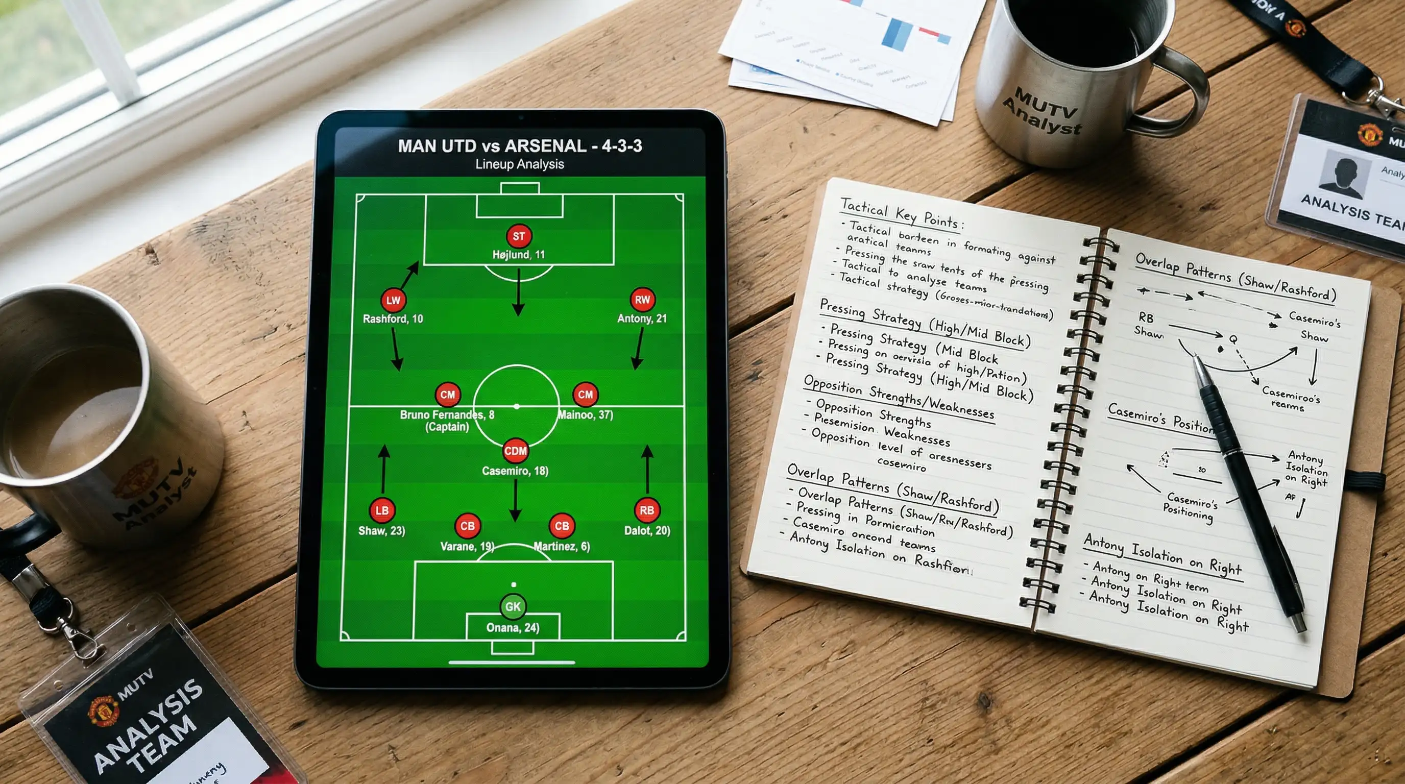 Mesa de trabajo con tablet mostrando alineaciones de fútbol y una libreta de notas al lado