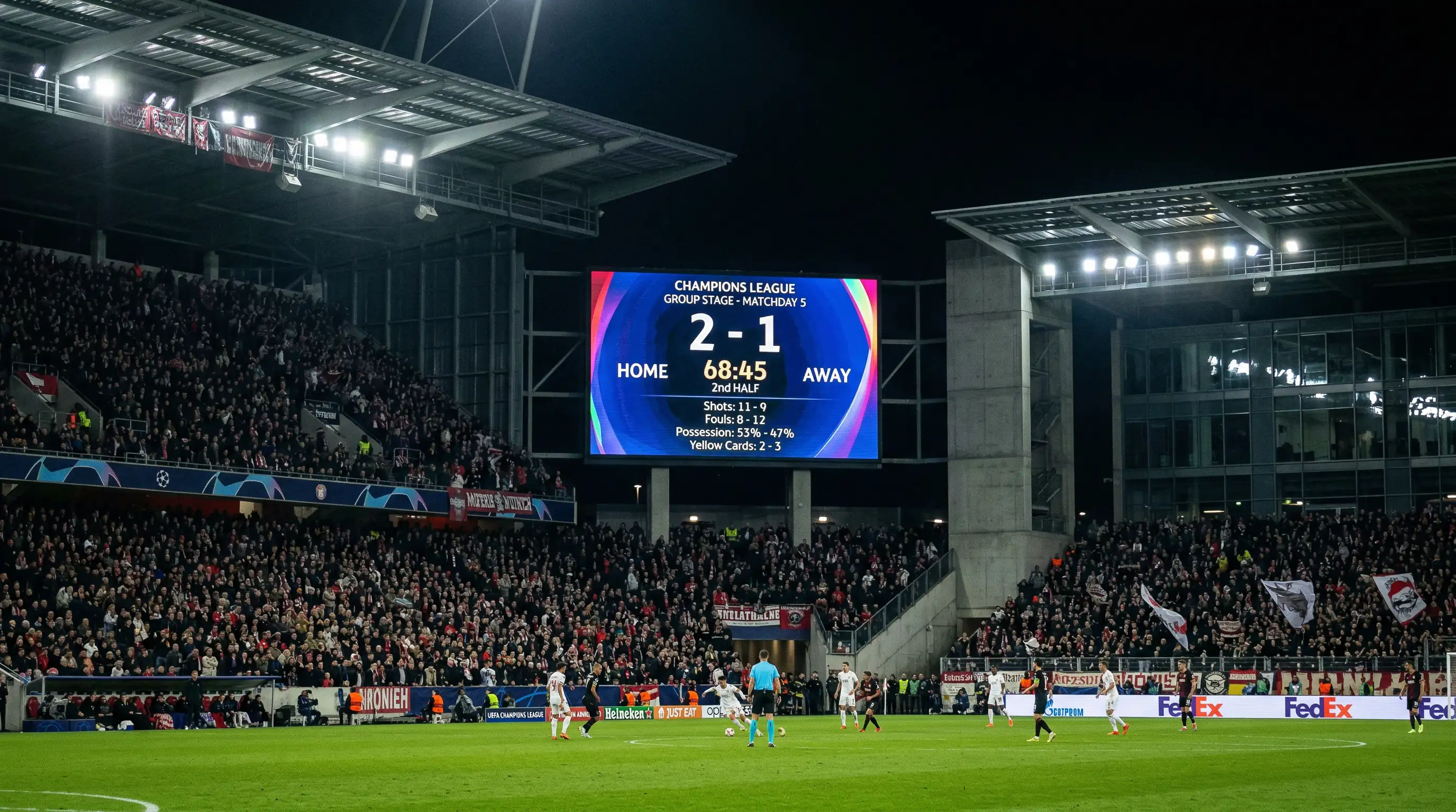 Marcador electrónico de un estadio de fútbol mostrando el resultado de un partido de Champions League