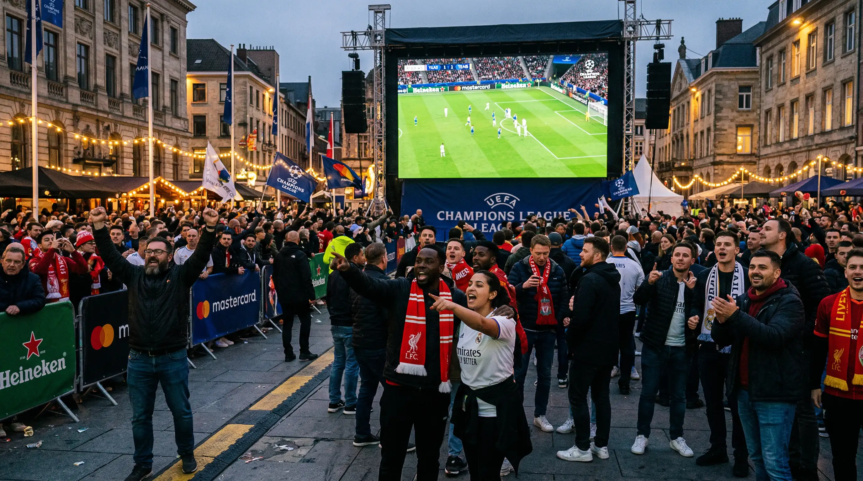 Grupo de aficionados viendo un partido de Champions League en una pantalla gigante en una zona de fans