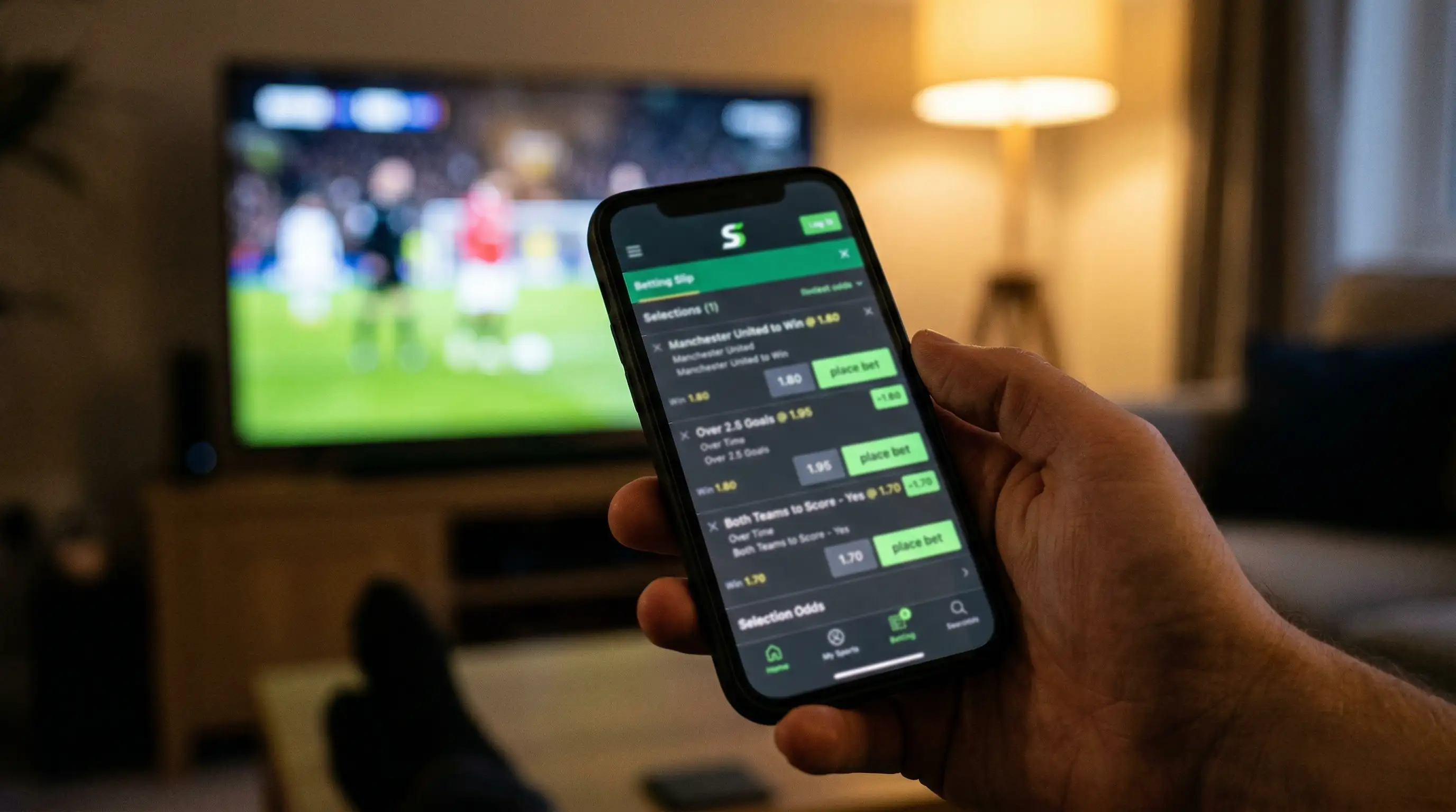 Mano sosteniendo un smartphone con una aplicación de apuestas deportivas en la pantalla