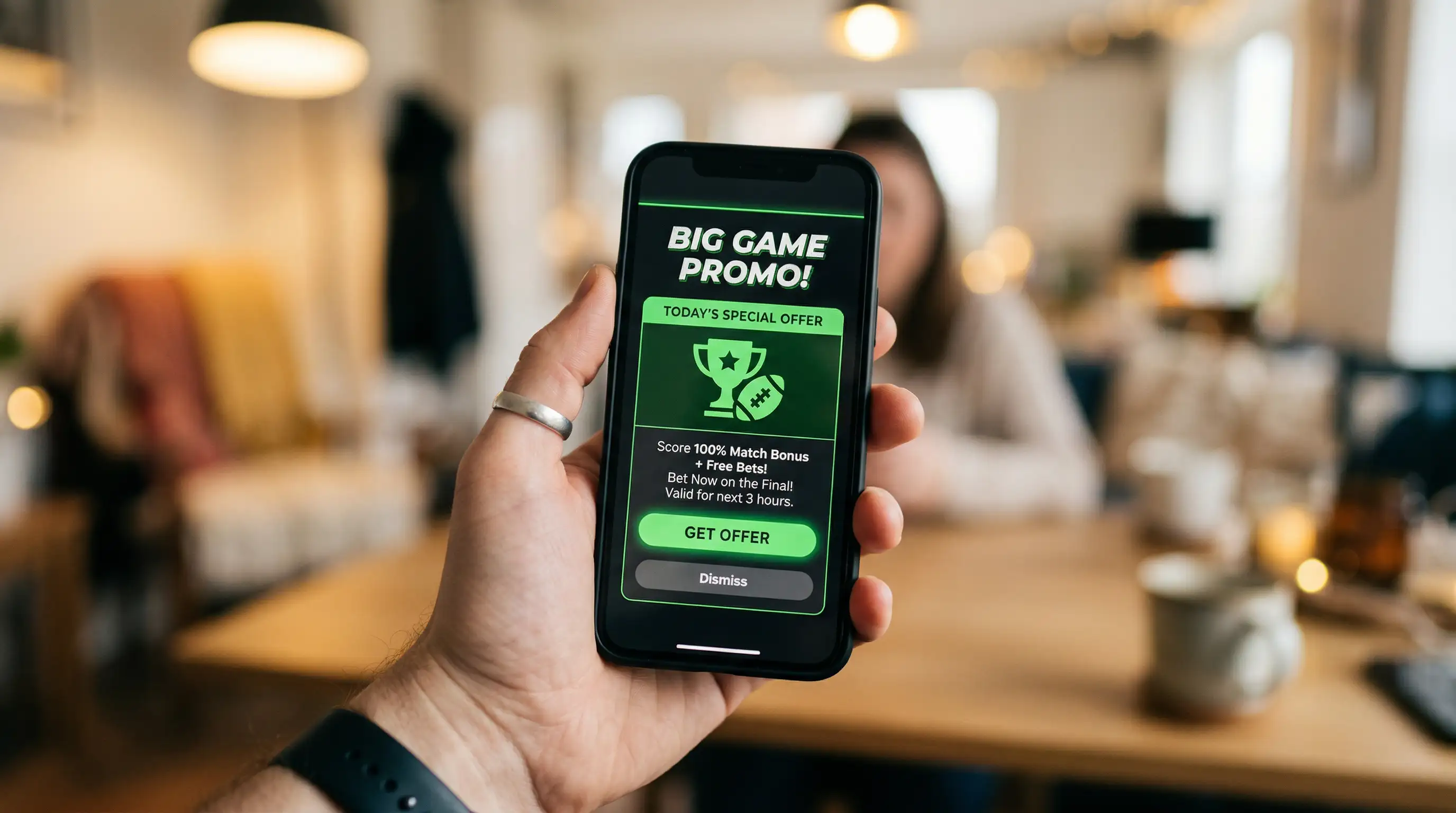 Mano de persona usando un smartphone con una notificación de promoción deportiva en la pantalla
