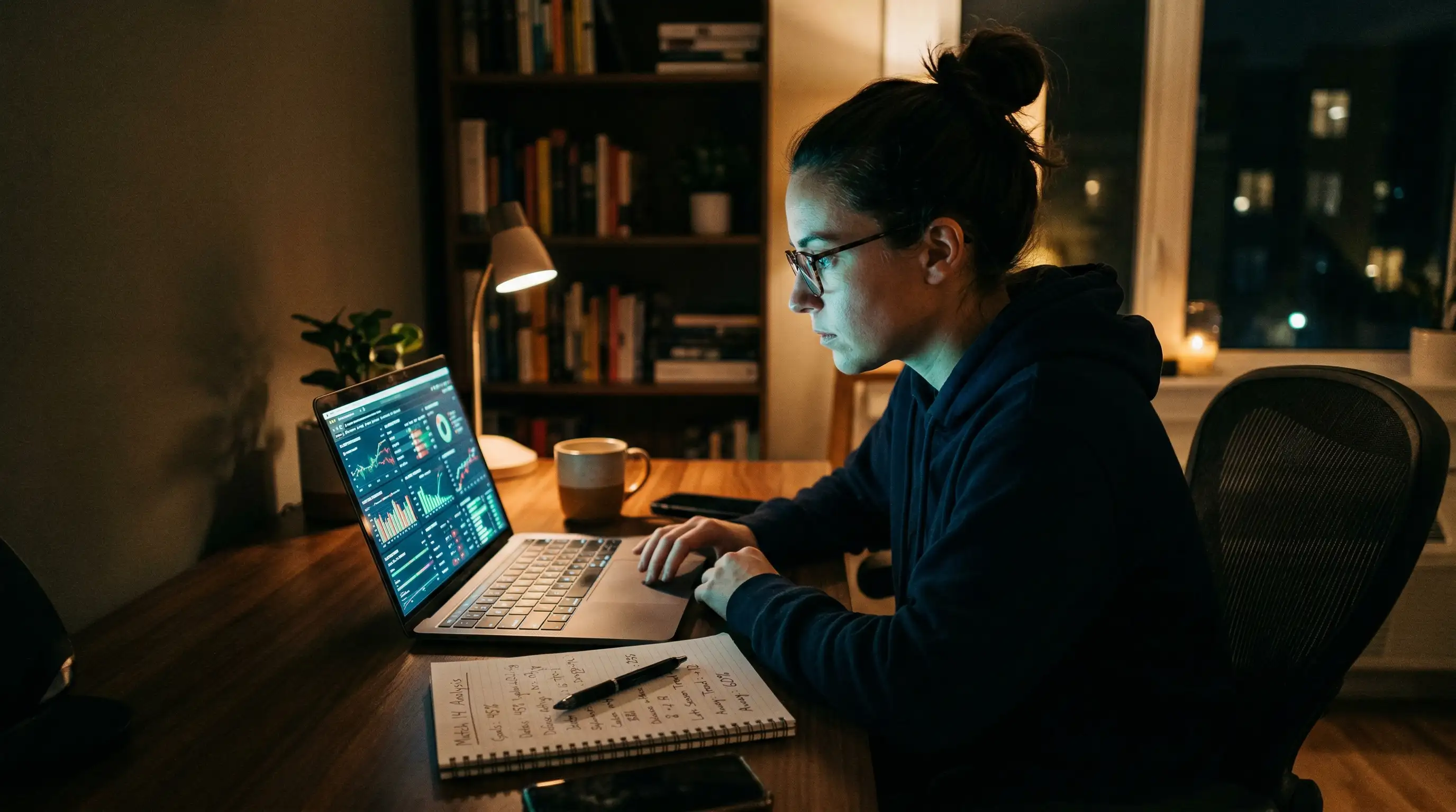 Persona concentrada mirando la pantalla de un portátil con graficos deportivos en un ambiente nocturno
