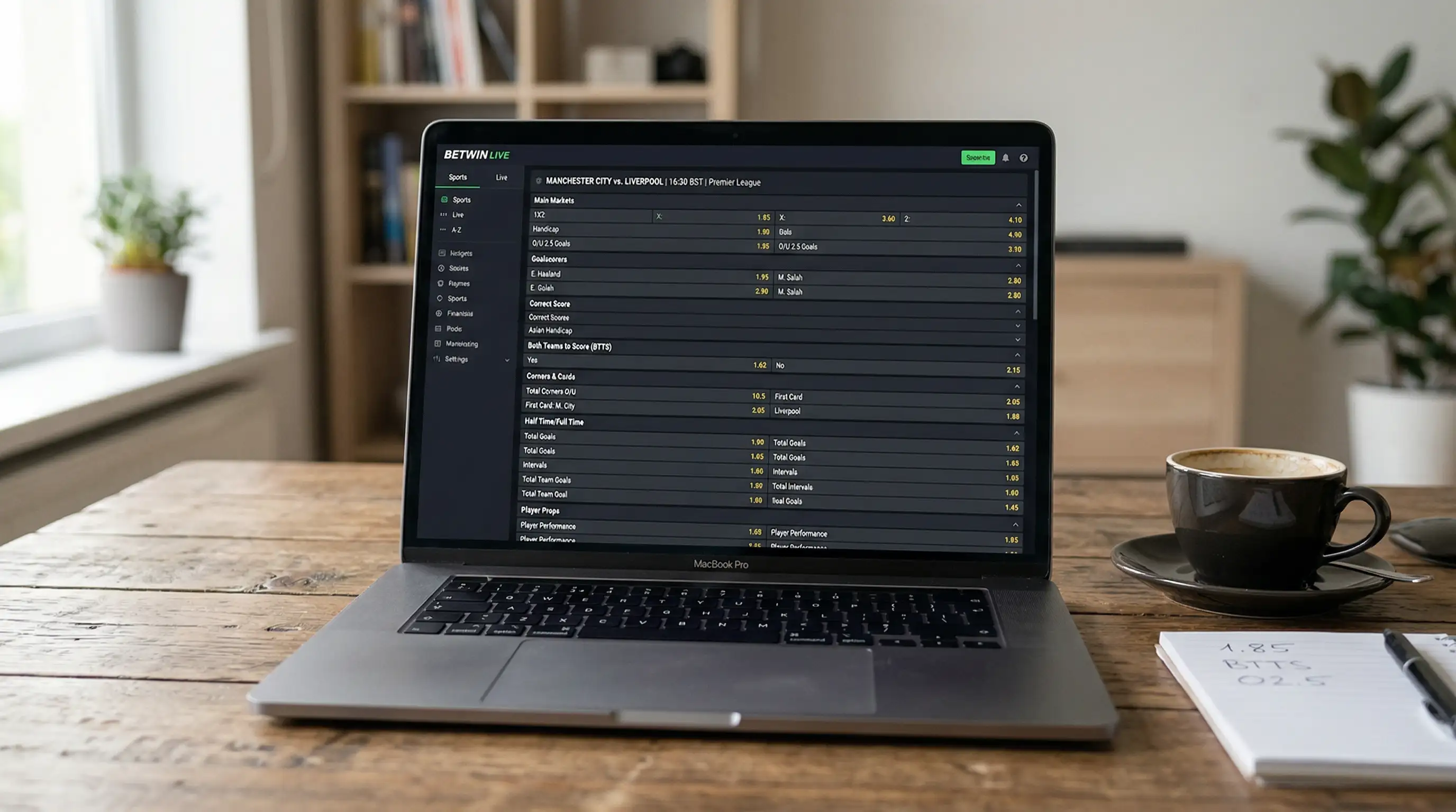 Pantalla de portátil mostrando una lista amplia de mercados de apuestas para un partido de fútbol