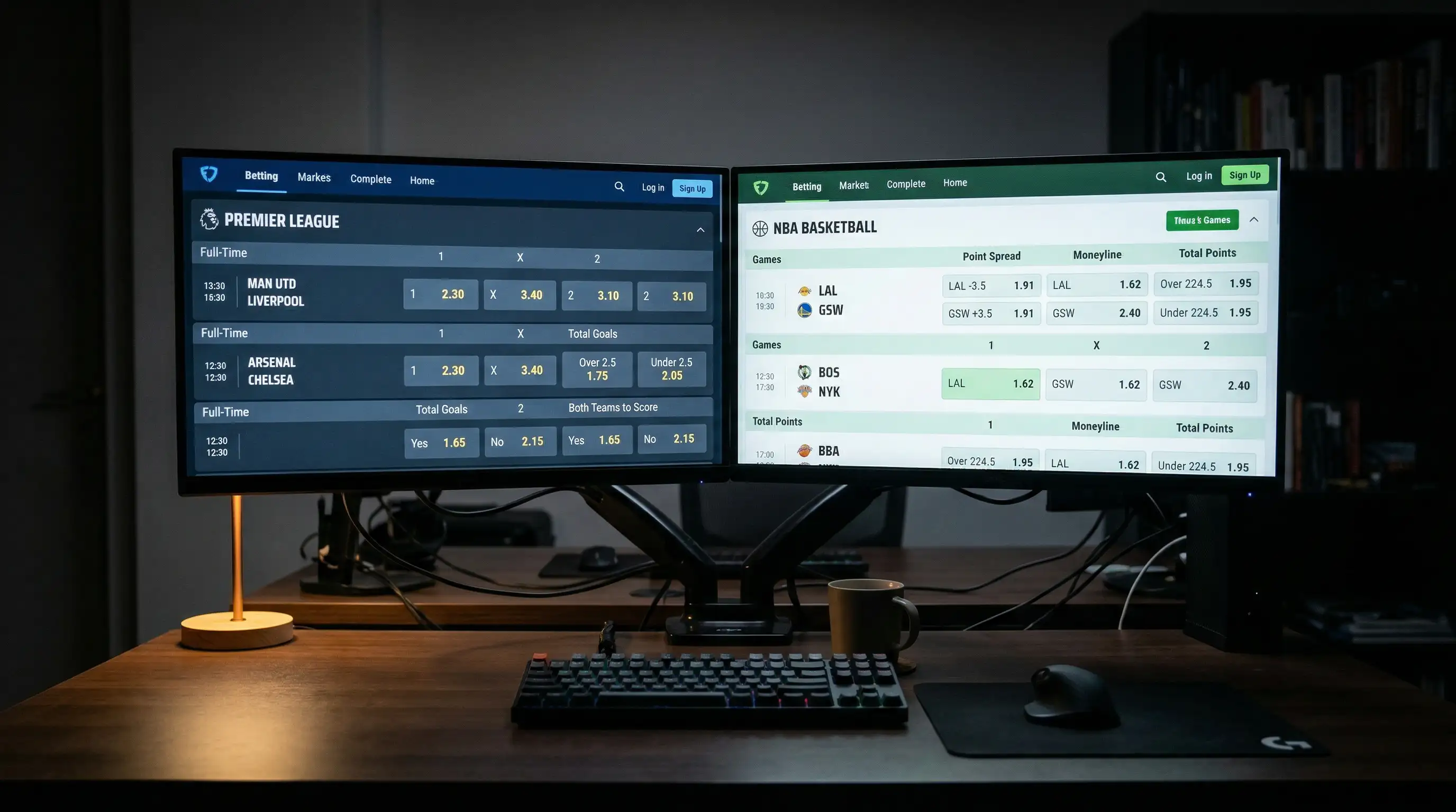Dos pantallas de ordenador mostrando diferentes interfaces de apuestas deportivas lado a lado