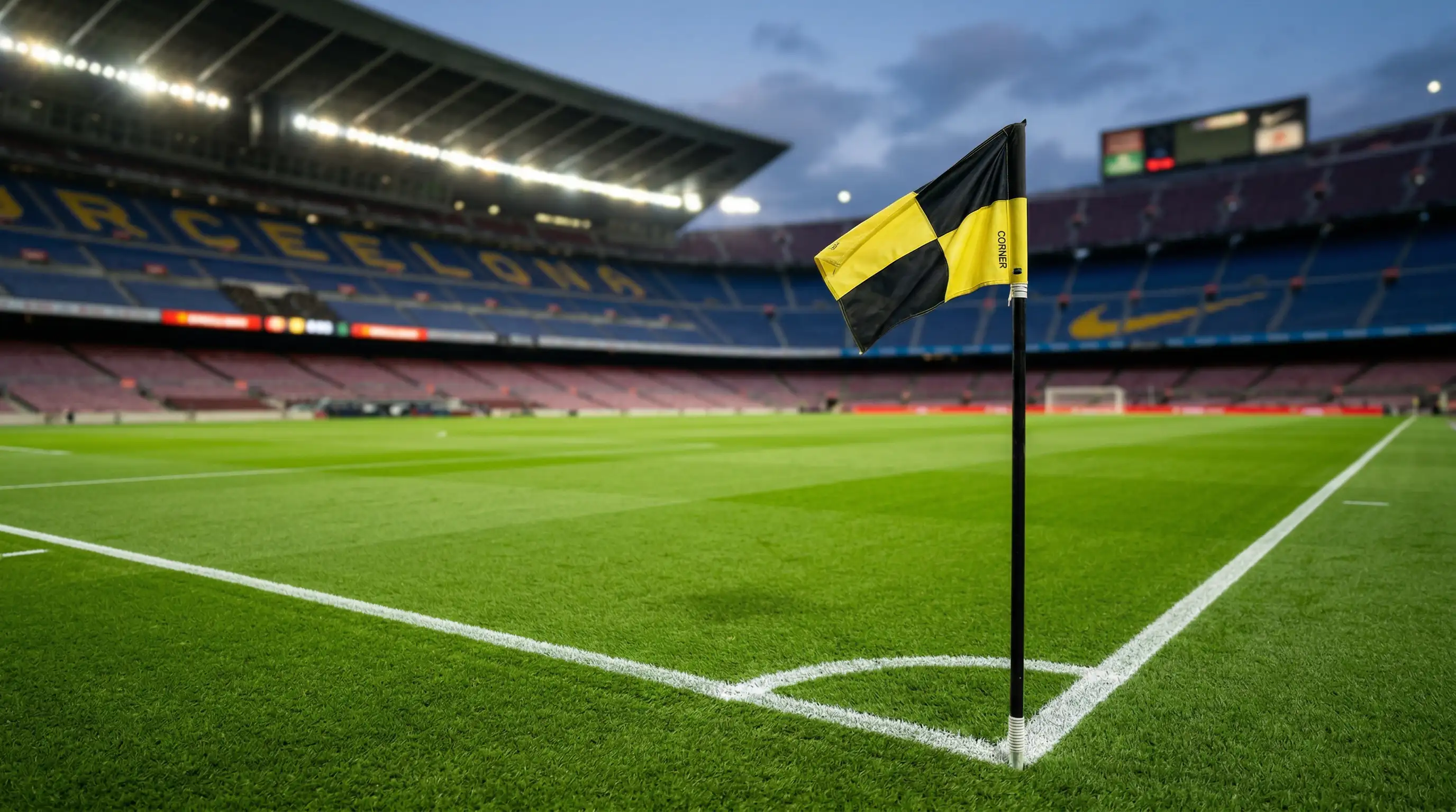 Banderola de corner en un campo de fútbol con césped impecable bajo los focos del estadio