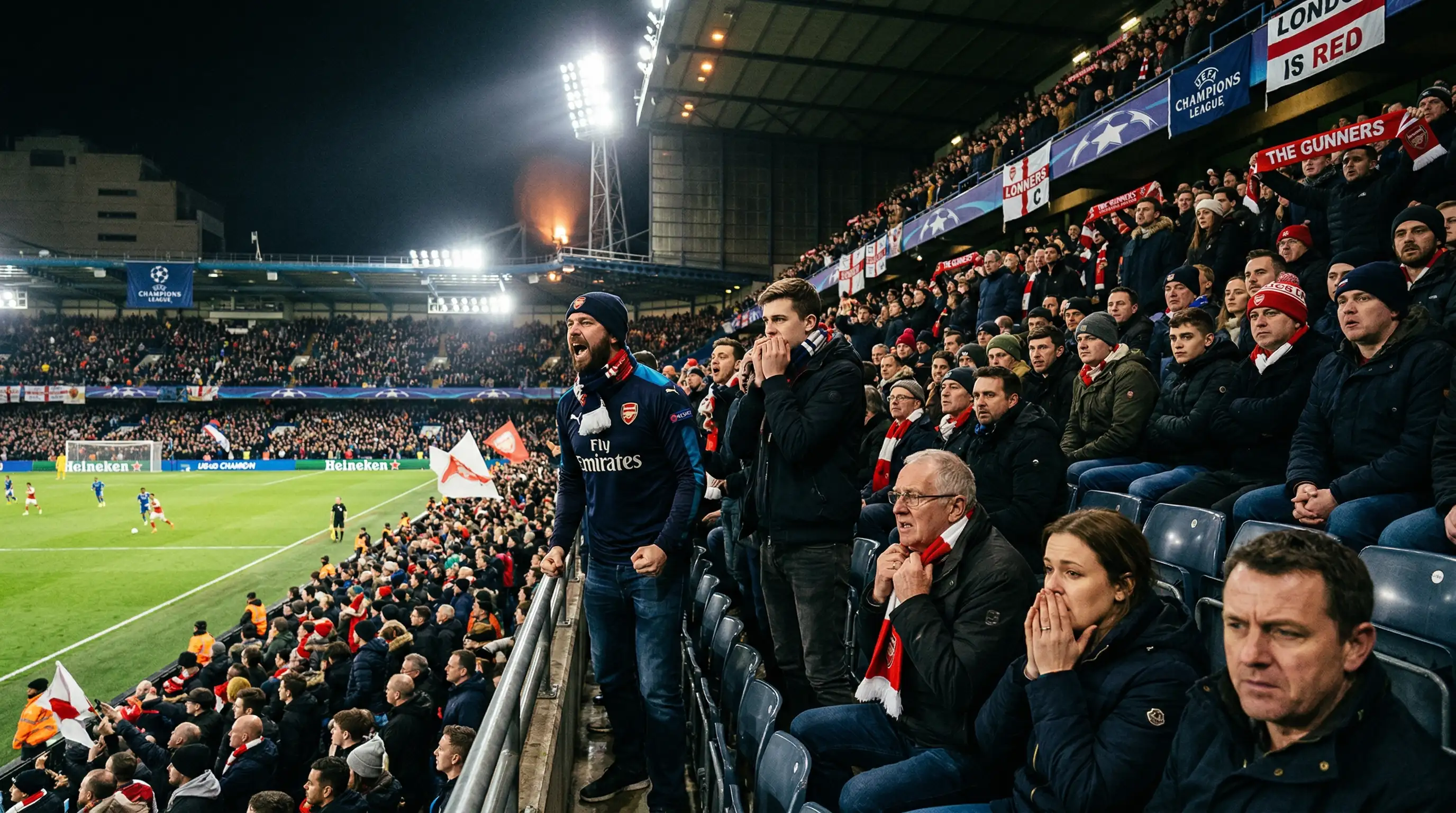 Grada de estadio con aficionados viendo un partido de Champions League bajo iluminación artificial