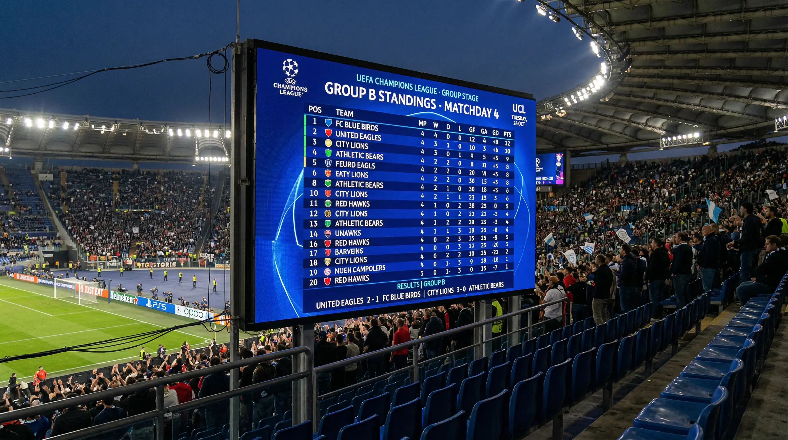Clasificación general de la Champions League mostrada en una pantalla grande de estadio