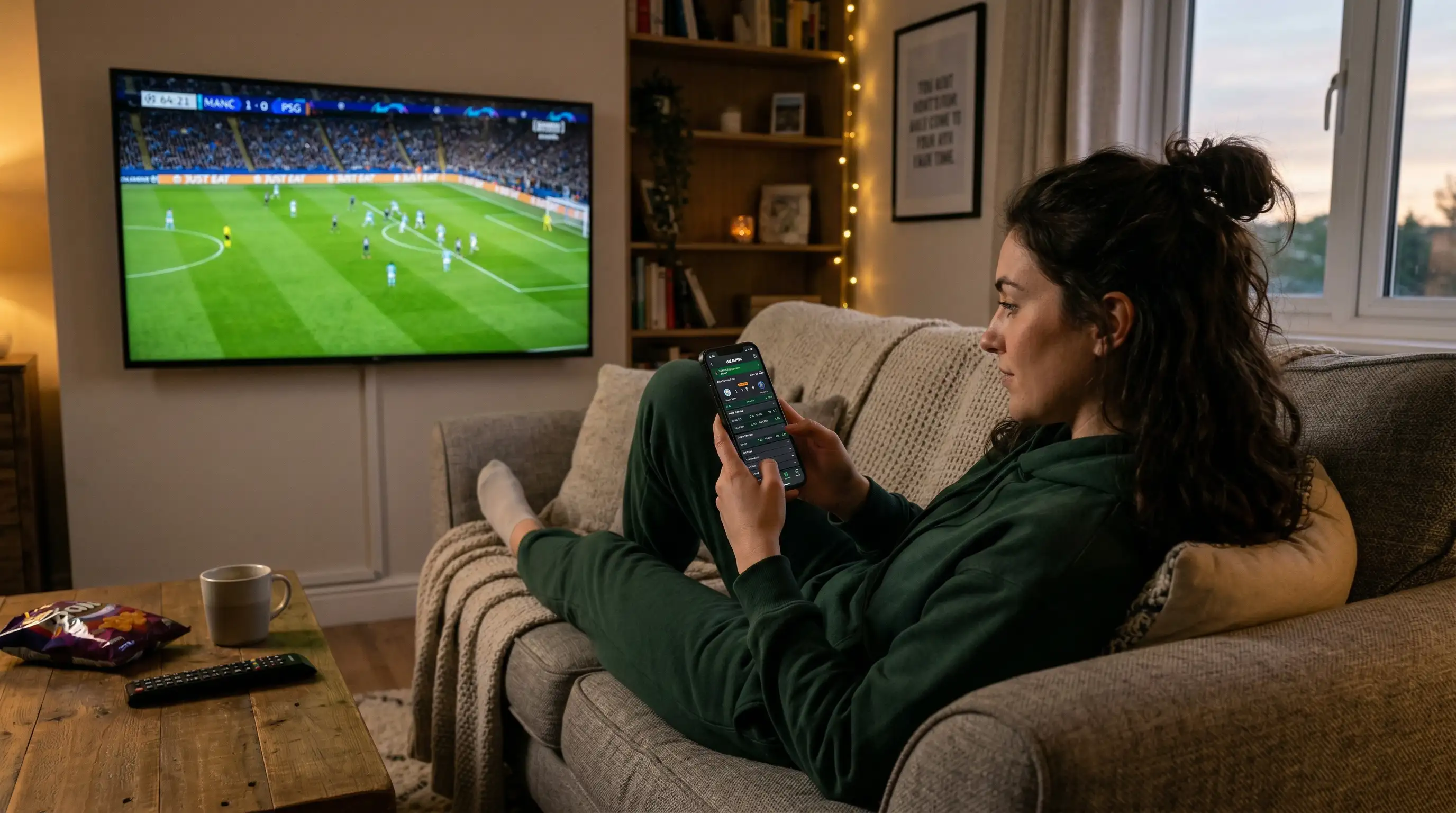 Persona en un sofa usando un smartphone mientras un partido de fútbol se ve en la television de fondo