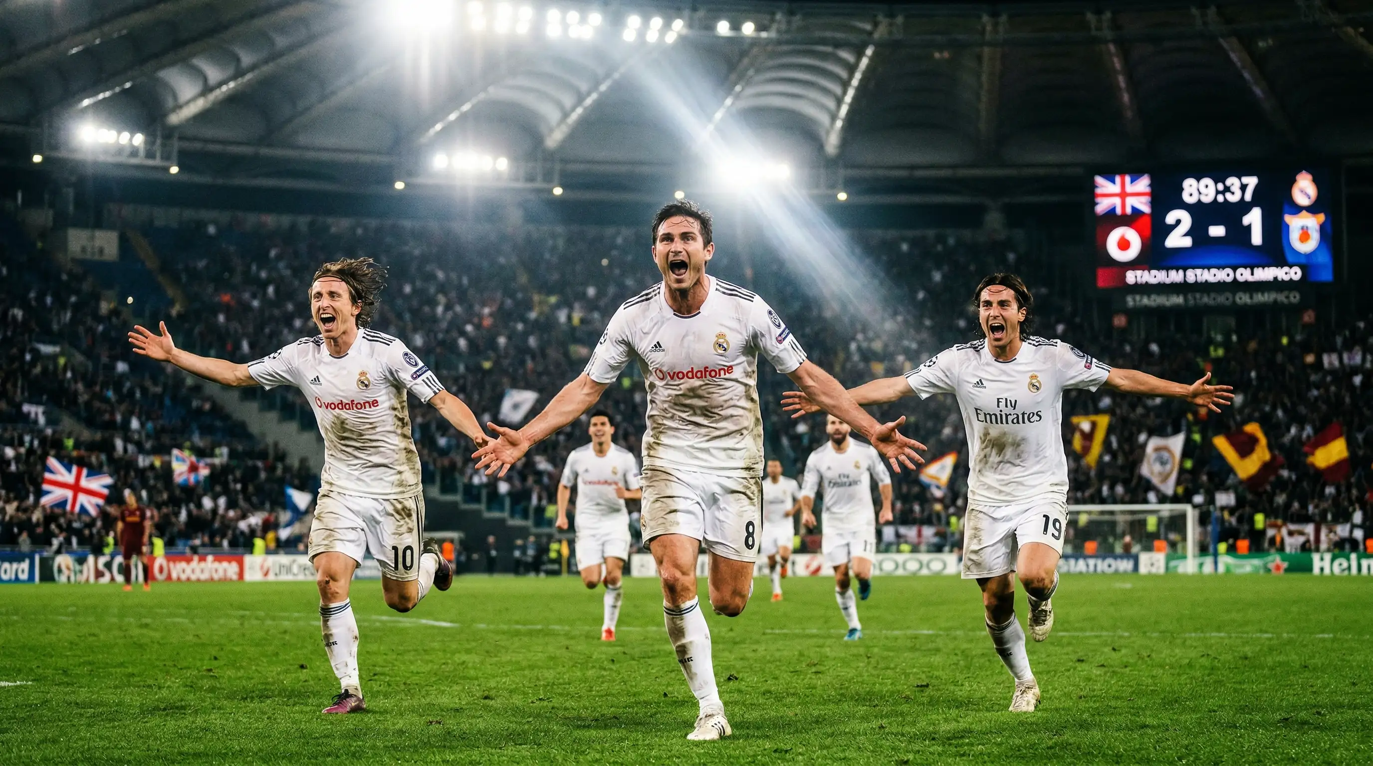 Jugadores de fútbol celebrando un gol en los últimos minutos de un partido nocturno