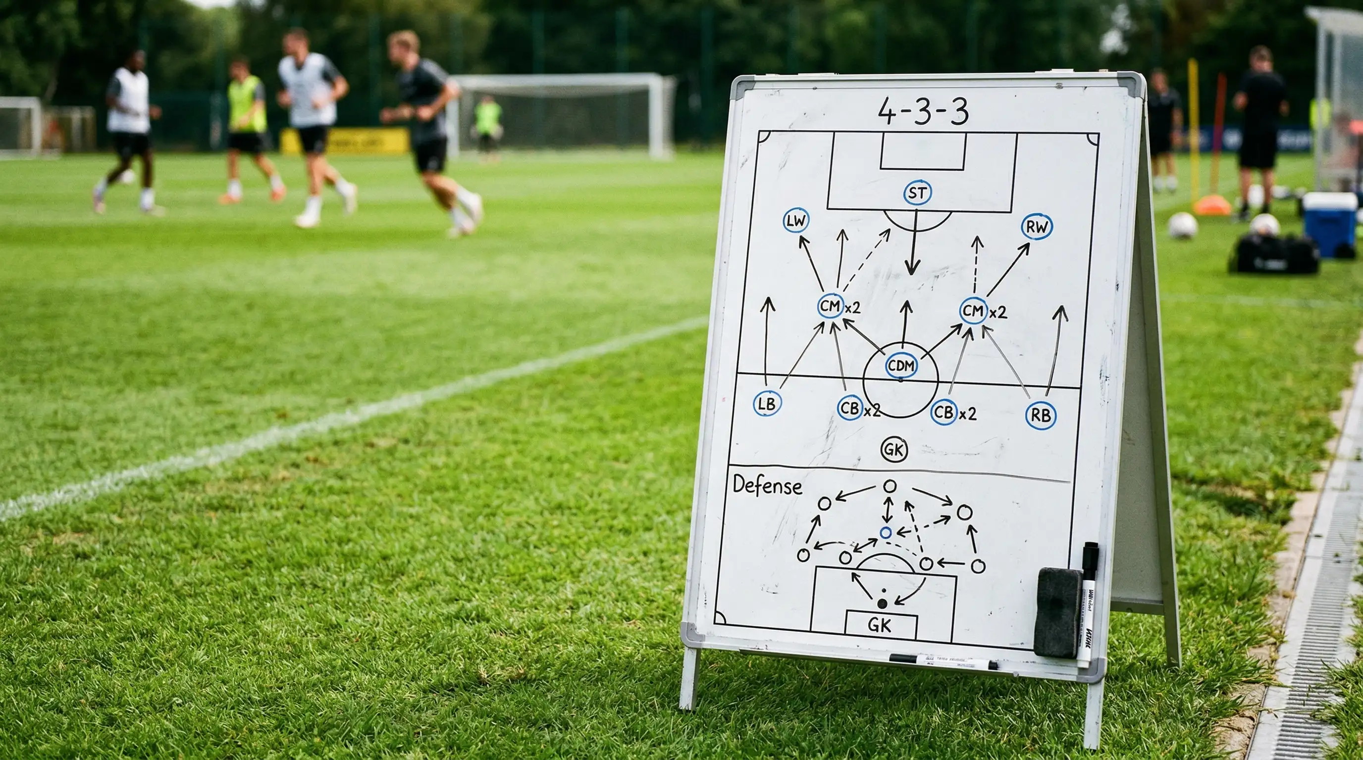 Pizarra táctica de fútbol con líneas de juego dibujadas sobre césped verde de estadio