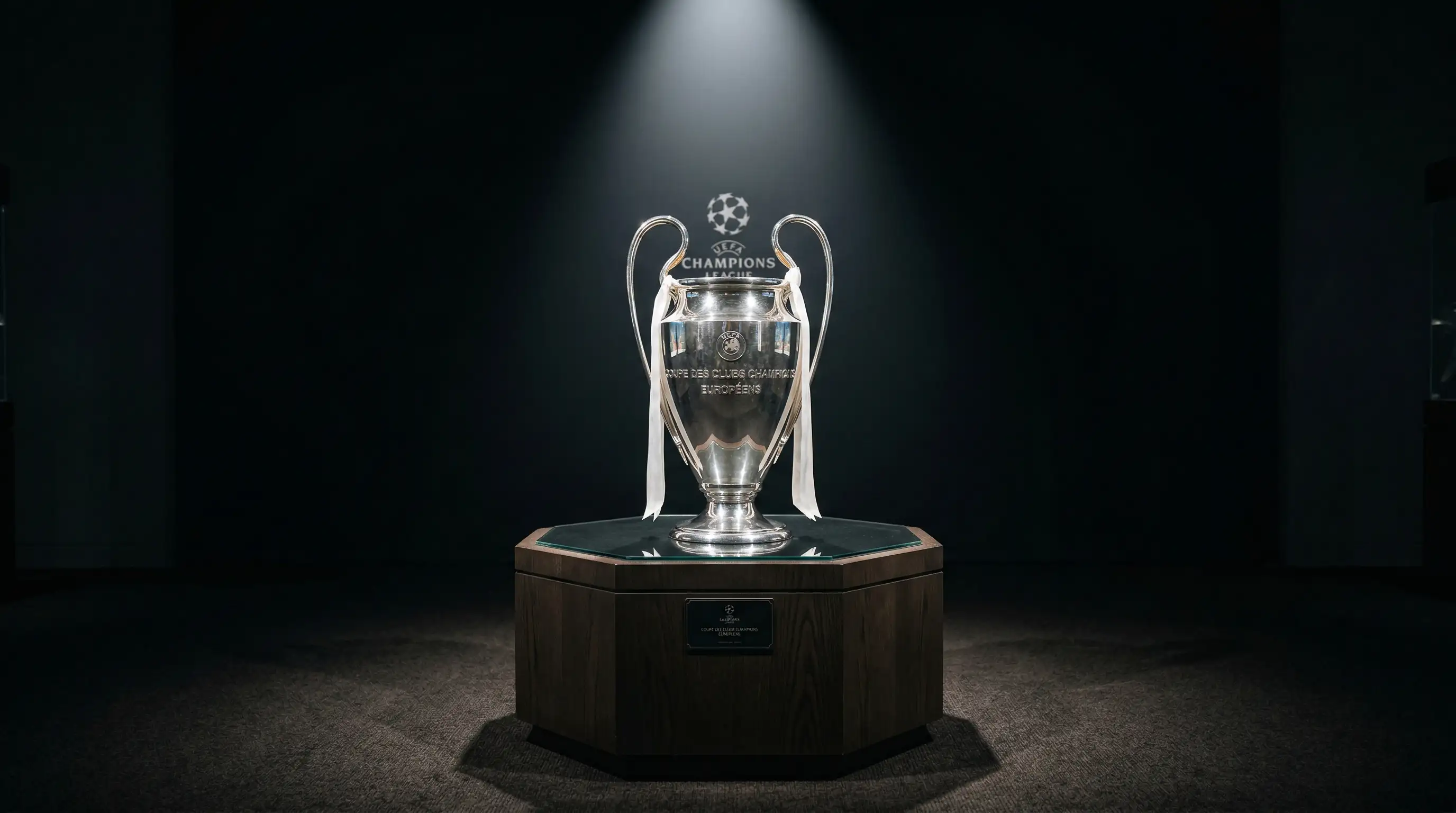Trofeo de la Champions League exhibido sobre un pedestal con iluminación dramática