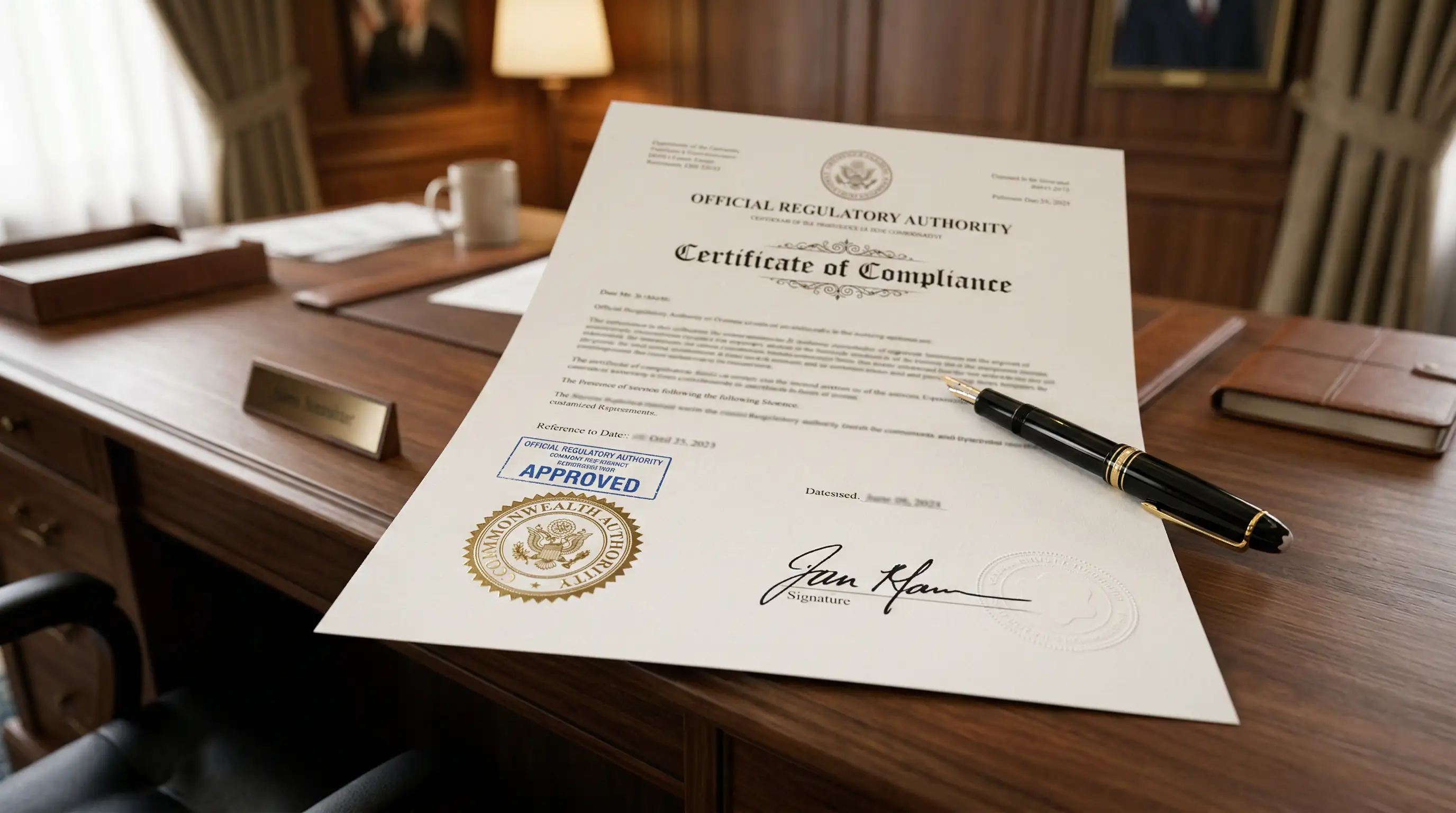 Documento oficial con sellos y firmás sobre un escritorio de oficina profesional