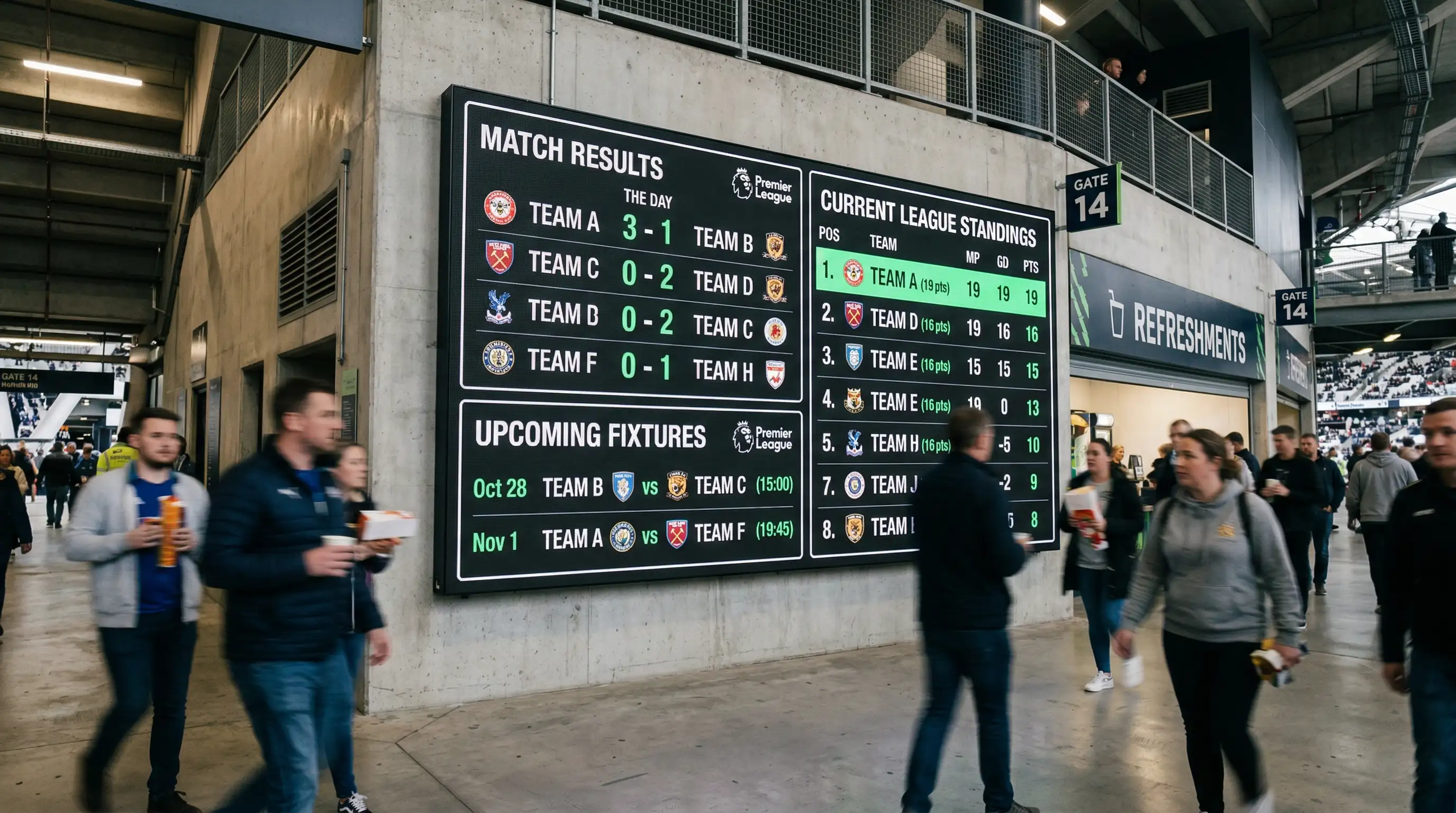 Panel informativo digital en un estadio mostrando resultados y posiciones de la Champions League
