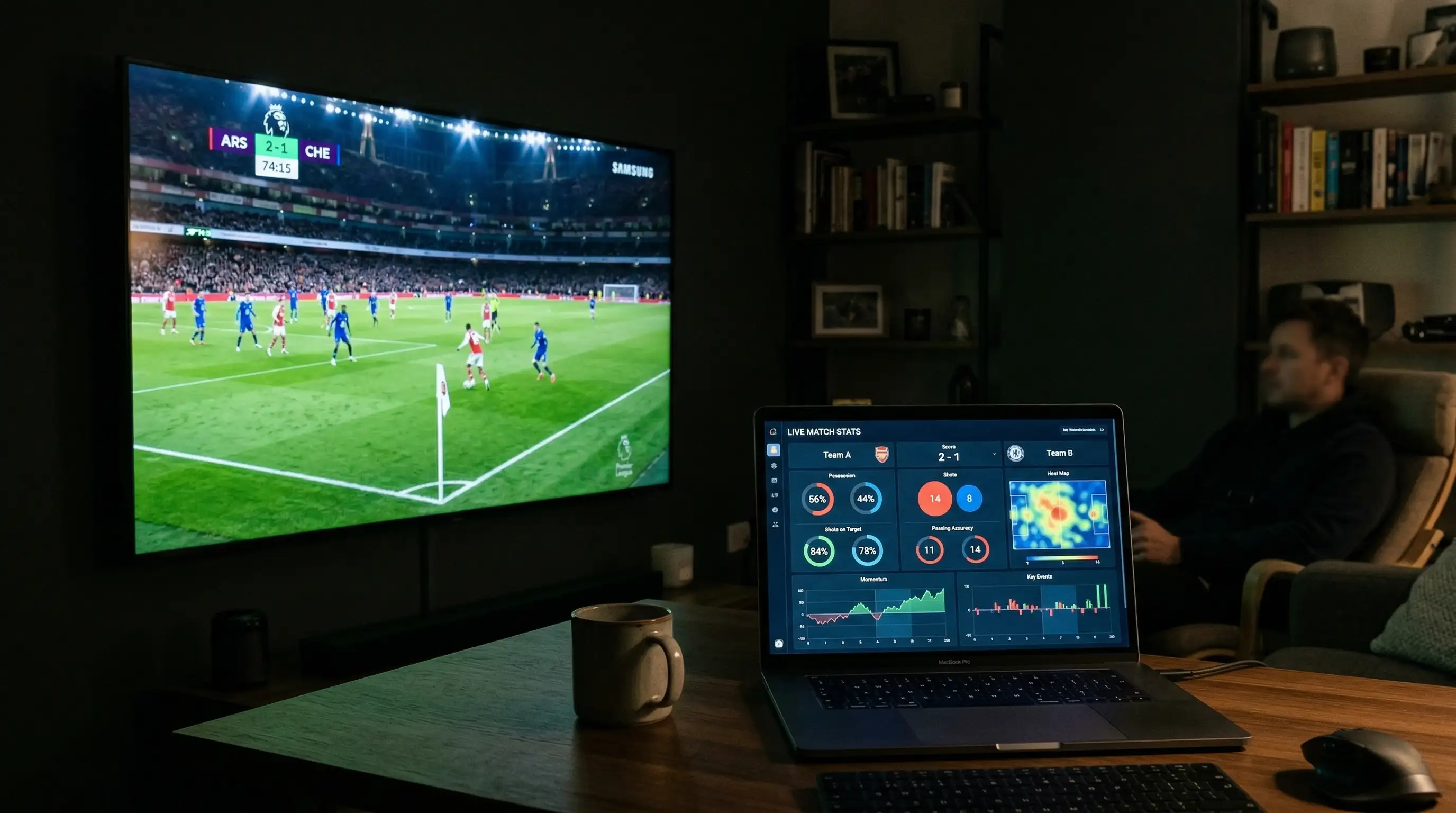 Pantalla dividida mostrando un partido de fútbol y estadísticas en tiempo real