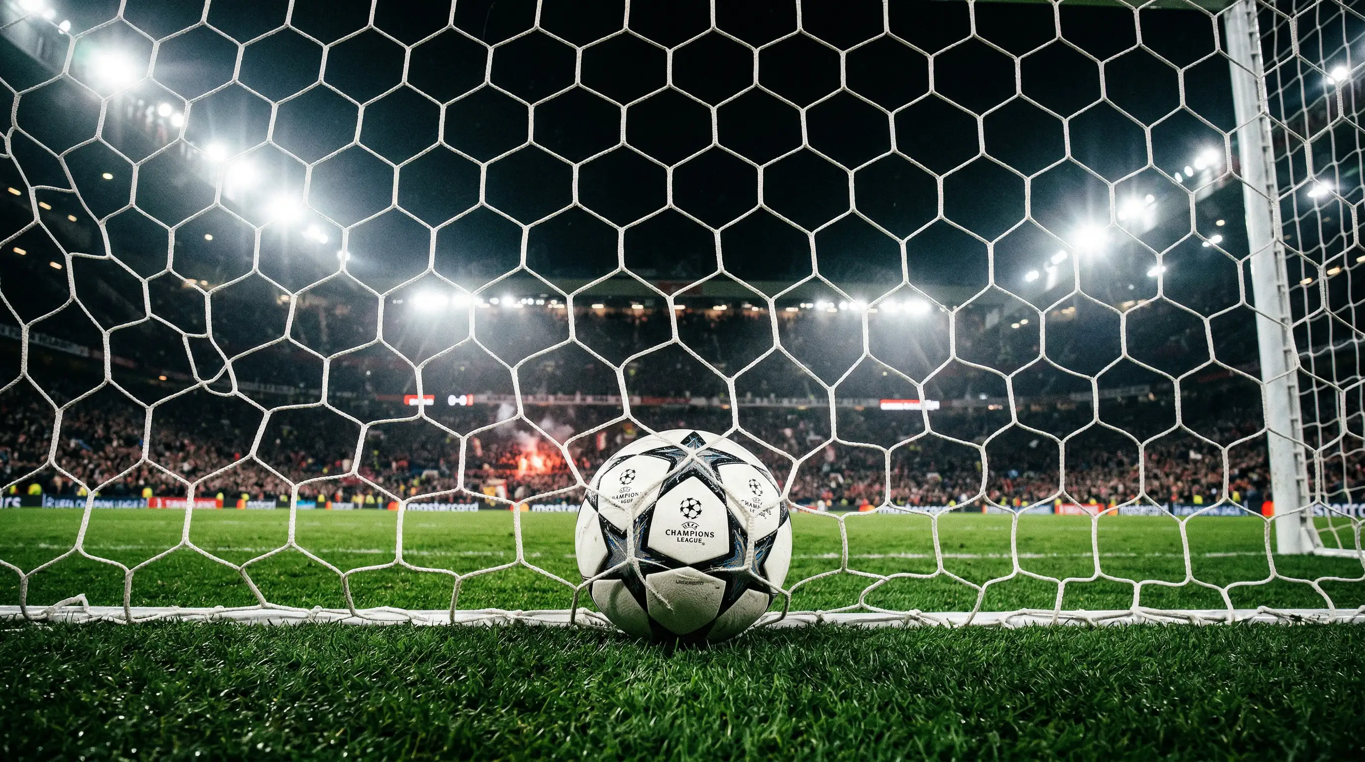 Balón de fútbol junto a una red de portería con iluminación nocturna en un estadio europeo