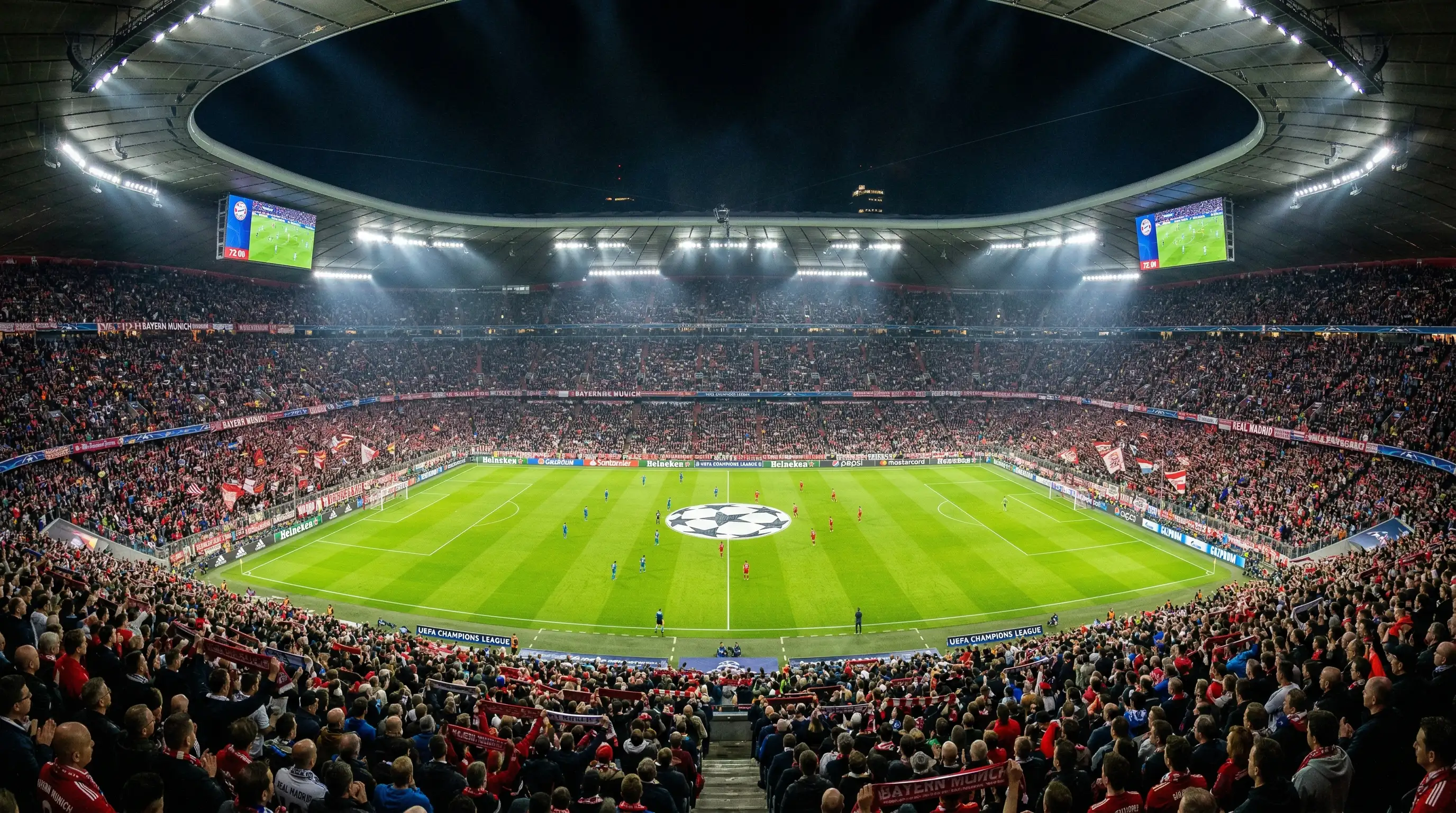 Vista panorámica de un estadio europeo lleno durante una noche de Champions League