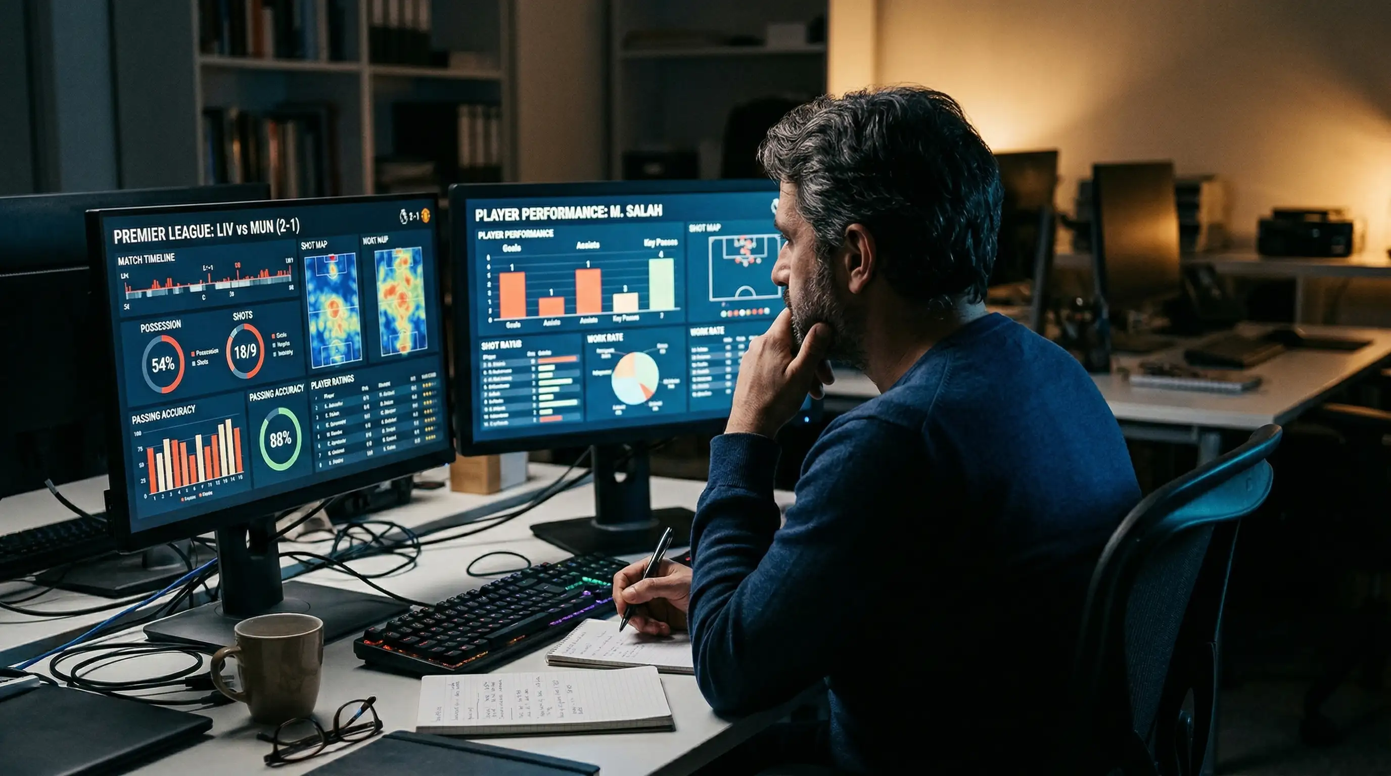 Persona pensativa frente a dos pantallas con datos de partidos de fútbol en un entorno de trabajo