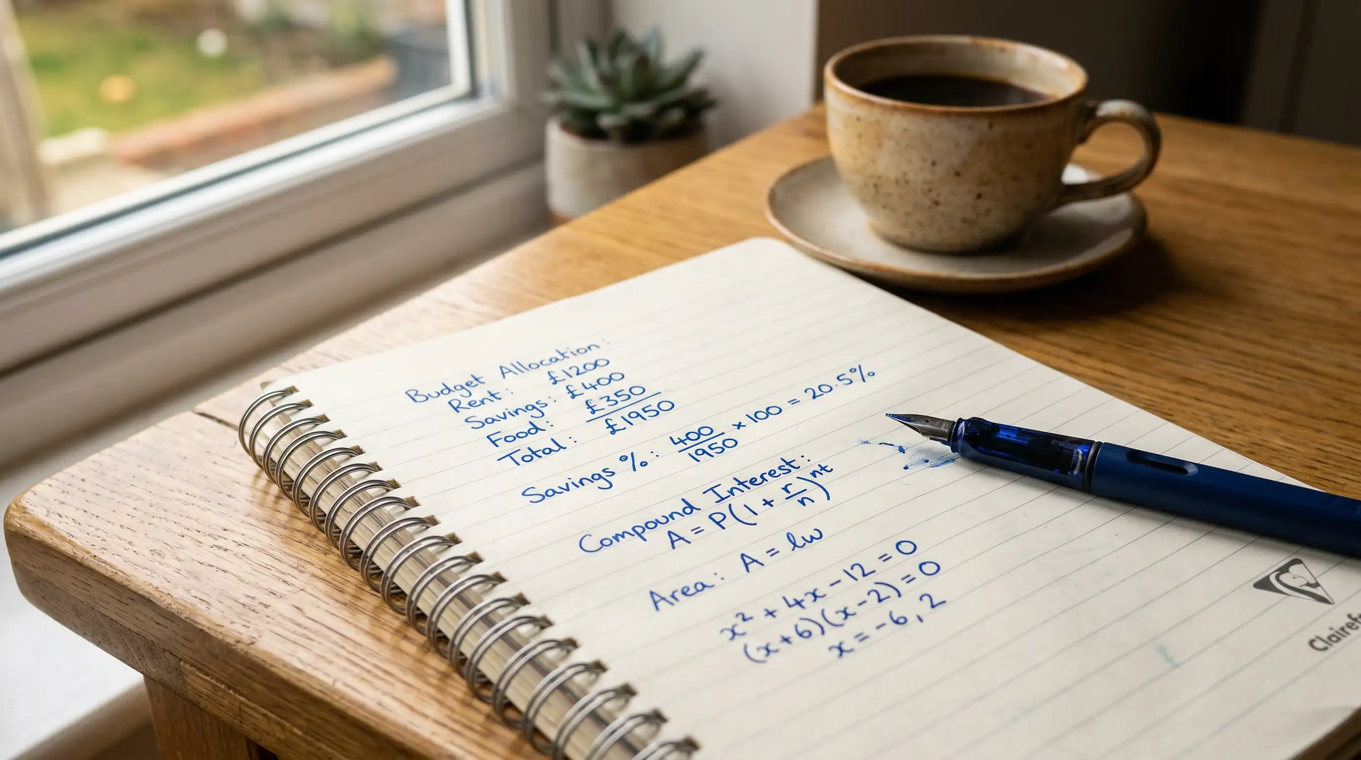 Bloc de notas con formulas y porcentajes escritos a mano junto a una taza de cafe