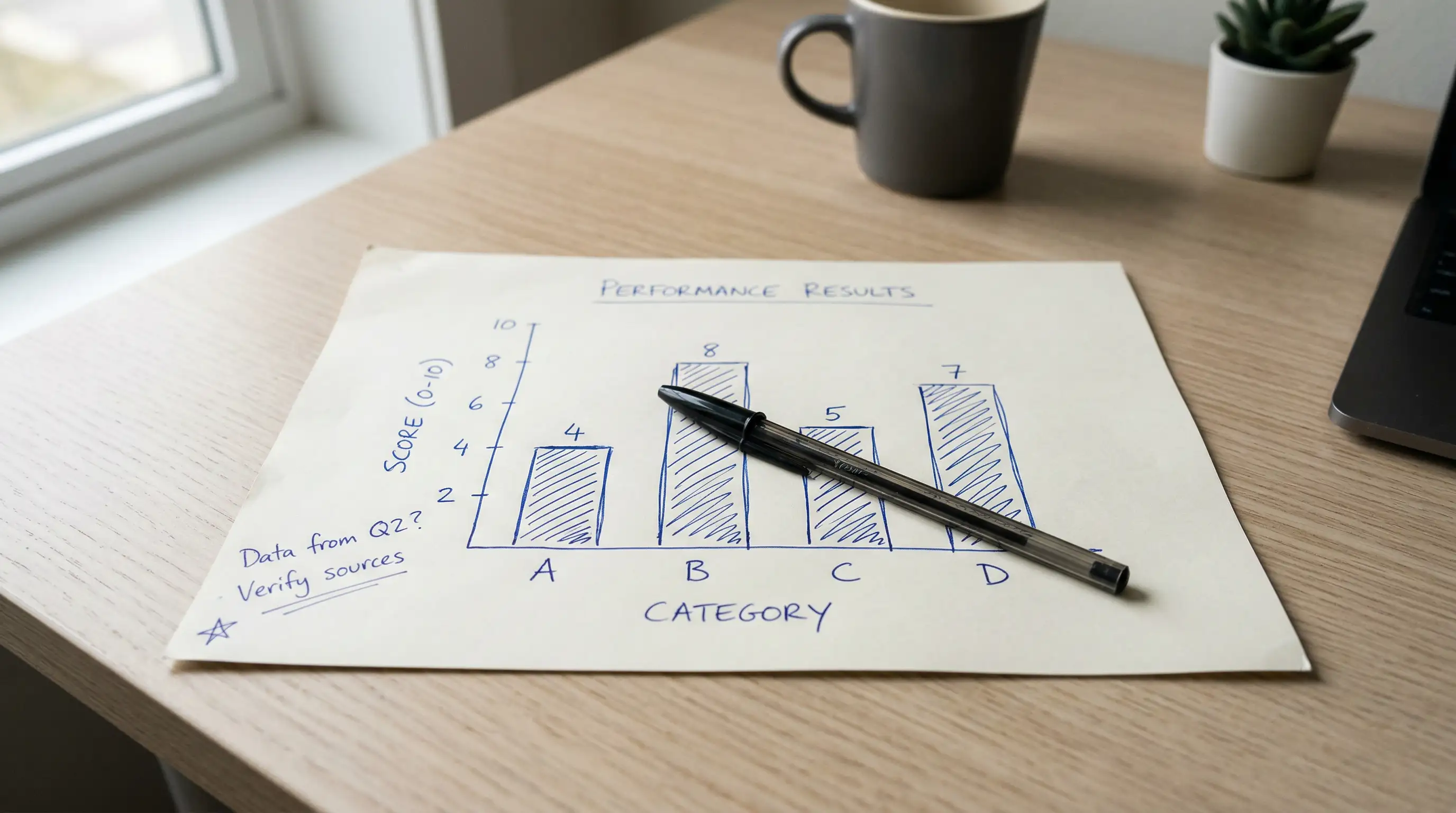 Grafico simple de barras sobre una hoja de papel con notas manuscritas de análisis deportivo